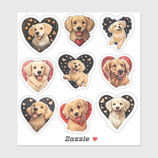 Sticker Valentine Golden Retriever Chien ensemble de 9 aut (Feuille)