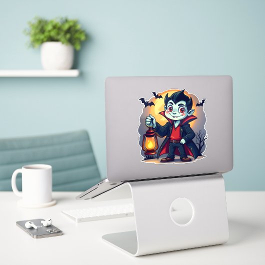 Sticker Vampire mignon avec Lantern Kawaii Halloween (Ordinateur portable sur le bureau)
