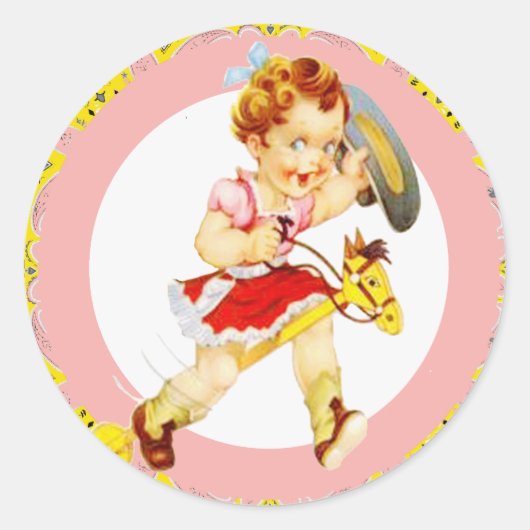 Sticker van Cowgirl Riding Stick Horse western (Voorkant)