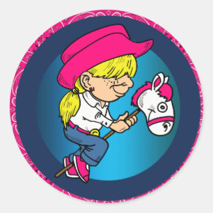 Sticker van Cowgirl Riding Stick Horse western