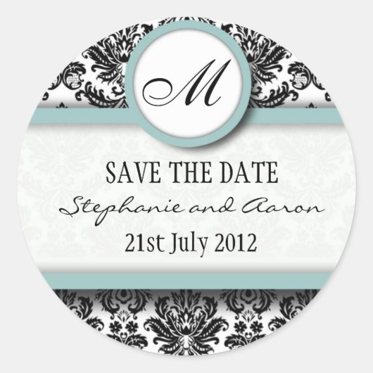 Sticker van de Black and Blue Damask Monogram Wedd (Voorkant)