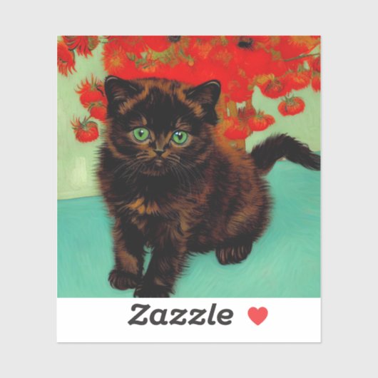 Sticker Van Gogh Chat noir Fleurs rouges (Feuille)