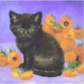Sticker Van Gogh Kitten noir avec des tournesols (Devant)