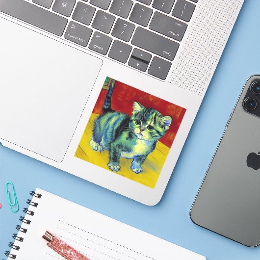 Sticker Van Gogh Tabby Cat (Ordinateur portable avec iPhone)