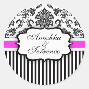 Sticker van het Black and Pink Damask Stripe Weddi