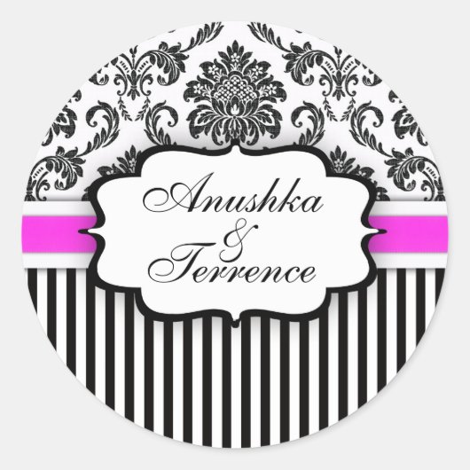 Sticker van het Black and Pink Damask Stripe Weddi (Voorkant)