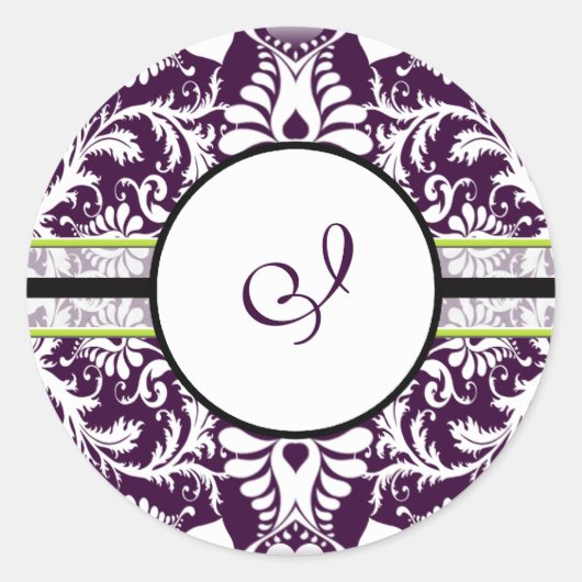Sticker van Paars Damask Initiaal Letter I Wedding (Voorkant)