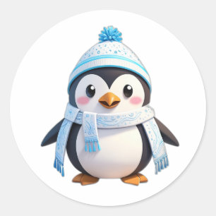 Sticker van pinguïn met een sjaal en sneeuw