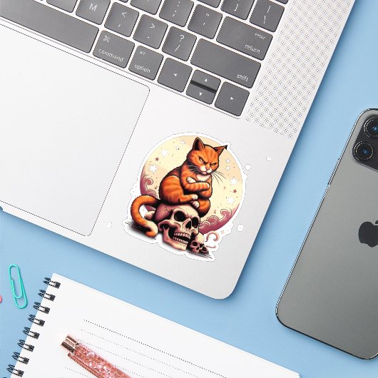 Sticker Vengeful Orange Cat, Skulls and Moon (Ordinateur portable avec iPhone)