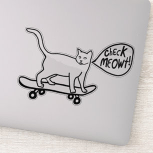 Sticker VÉRIFIEZ MEOWT ! Chat de planche à roulettes Noir 