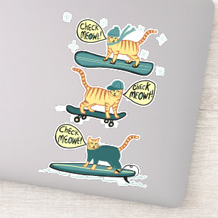 Sticker VÉRIFIEZ MEOWT ! Tabby Cat Skateboard Surf Snowboa