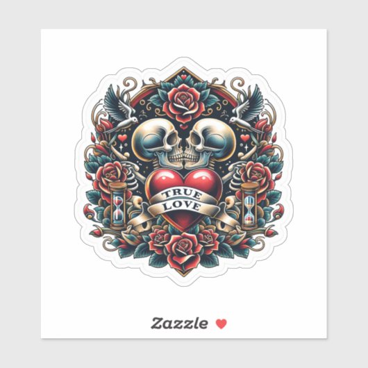 Sticker Véritable amour Skeleton Coeur Tatouage Look (Feuille)