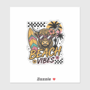 Sticker Vibes de plage vache highland été art vectoriel_1