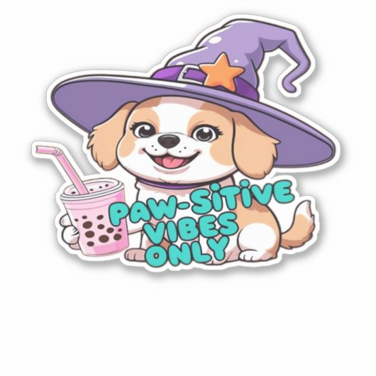Sticker Vibes Paw-Stive Seulement � Chien mignon Avec Thé (Devant)