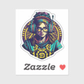 Sticker Vibrant Retro Groove : Cool fille avec casque (Feuille)