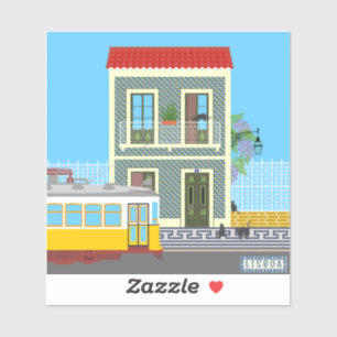 Sticker Vieille maison de Lisbonne avec chats et tramway j
