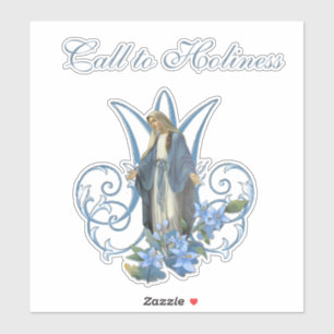 Sticker Vierge religieuse Marie Dame de grâce Fleurs bleue