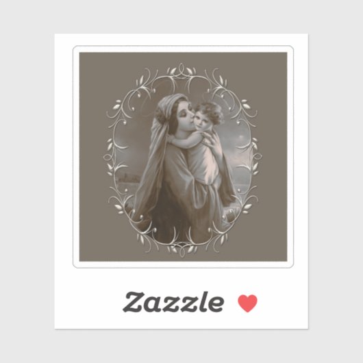 Sticker Vierge vintage et enfant avec cadre argenté (Feuille)