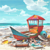 Sticker Vieux bateau déserté sur une plage de sable abando (Recto)