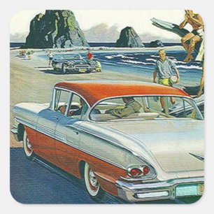 Sticker Vintage Auto Rood Wit Two-tone Beach