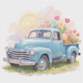Sticker Vintage Blue Truck with Easter Eggs & Tulips (Devant)