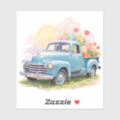 Sticker Vintage Blue Truck with Easter Eggs & Tulips (Feuille)