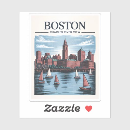 Sticker Vintage Boston Massachusetts Cityscape & Voiliers (Feuille)
