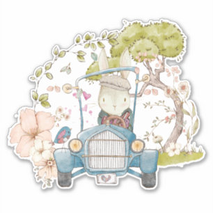 Sticker Vintage Car Cute Bunny Botanique Baby boy