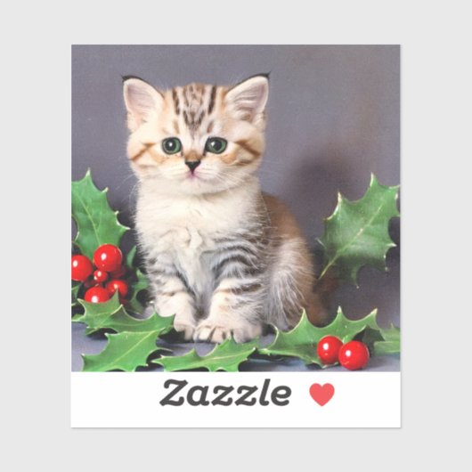 Sticker Vintage Christmas Kitten et Holly (Feuille)