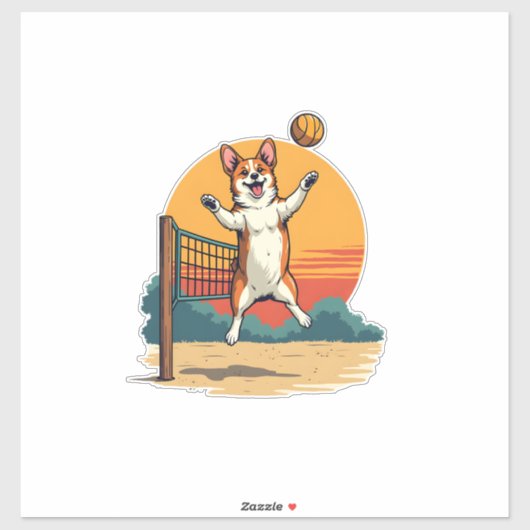 Sticker Vintage Corgi Volleyball Retro Sunset Vector Illus (Feuille)