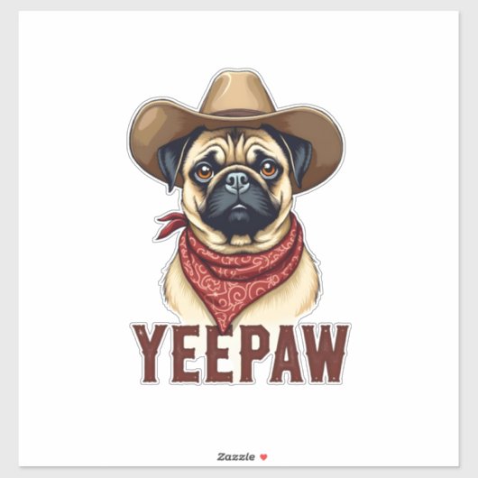 Sticker Vintage Cowboy Pug YeePaw Western Dog Illustration (Feuille)