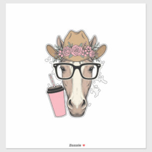 Sticker Vintage Cowgirl Cheval Avec Fleurs et Boisson Rose
