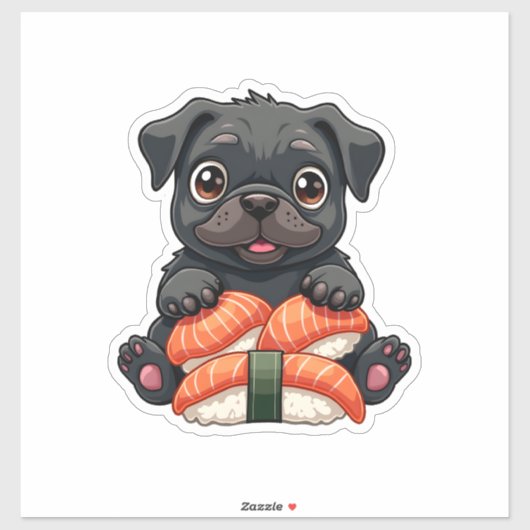 Sticker Vintage Cute Black Pug Sushi Cartoon Vector Illust (Feuille)