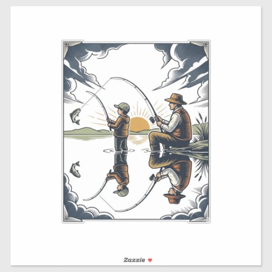 Sticker Vintage Father and Child Fishing Engraving Shirt D (Feuille)
