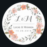 Sticker vintage Floral Wreath Wedding Favor<br><div class="desc">Vintage et rustique mariage à couronne florale merci sticker. Décoré avec des dessins aquarelles de fleurs, feuilles et baies. Monogramme autocollant pour les sceaux de mariage ou d'enveloppe faire-part de mariage. Customiser le libellé pour toute occasion spéciale. Bonsoir de printemps, étiquette de douche nuptiale, fête d'anniversaire, dîner fiançailles, baby shower...</div>