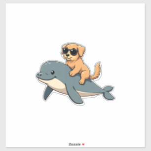 Sticker Vintage Golden Retriever montant une baleine blanc