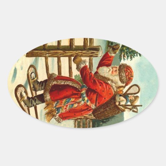 Sticker Vintage Kerstman op sneeuwschoenen cadeau (Voorkant)