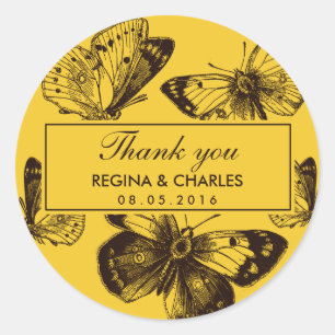 Sticker vintage Mariage papillon jaune Merci