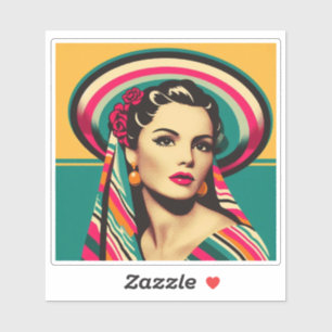 Sticker Vintage Mujer Latina con Sarape y Sombrero