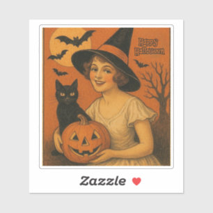 Sticker Vintage/rétro Happy Halloween sorcière, chat, citr