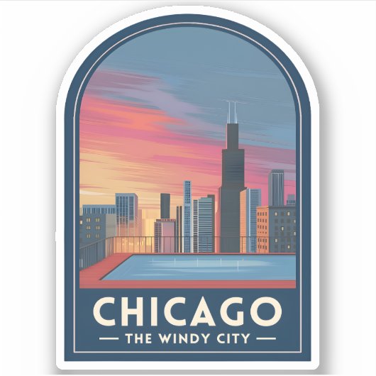 Sticker Vintage Travel Chicago Sunset Skyline Cityscape (Devant)