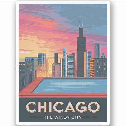 Sticker Vintage voyage Chicago Sunset Skyline Cityscape (Devant)