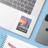 Sticker Vintage voyage Chicago Sunset Skyline Cityscape (Ordinateur portable avec iPhone)
