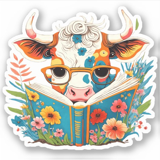 Sticker Vinyl Whimsical "Floral Cow Reading Book" (Devant)