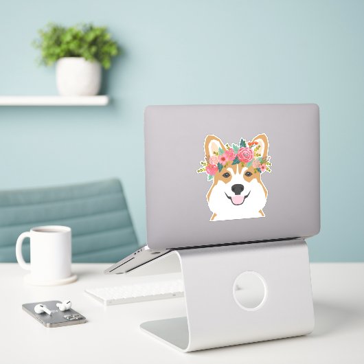 Sticker vinyle Corgi Flower Crown (Ordinateur portable sur le bureau)