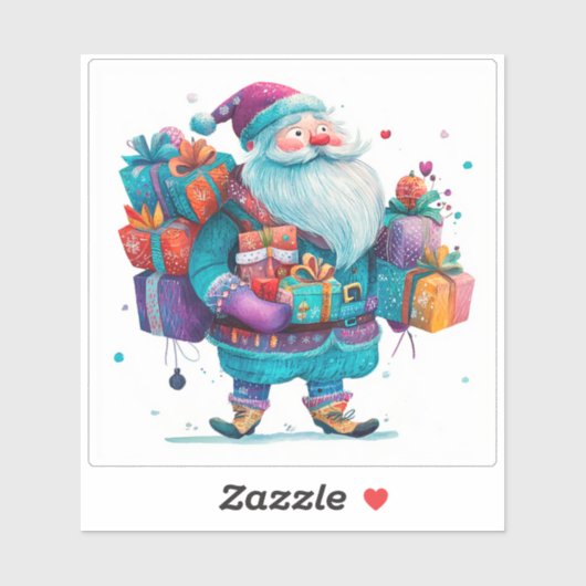 Sticker Violet Père Noël Avec Cadeaux De Noël Colorés (Feuille)