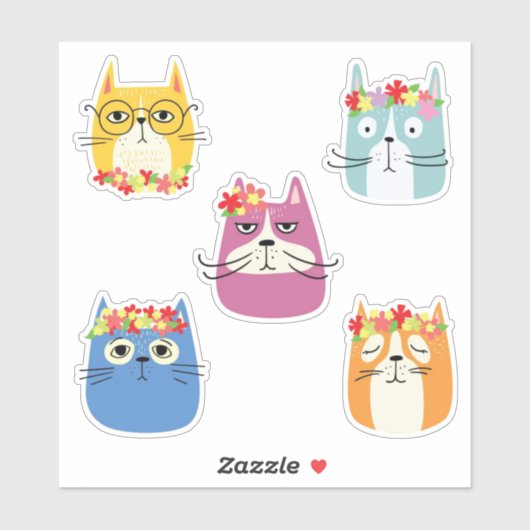 Sticker Visages de chat drôles avec des fleurs mignonnes (Feuille)
