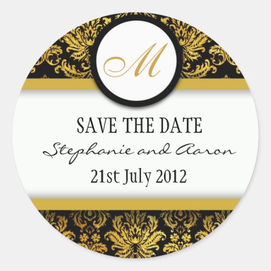 Sticker voor Black and Gold Damask Monogram Weddin (Voorkant)