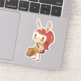 Sticker Voyage en forêt : Fille lapine avec valise vintage