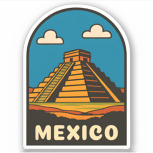 Sticker Voyage Vintage Mexique Pyramide Aztèque Scène Rétr